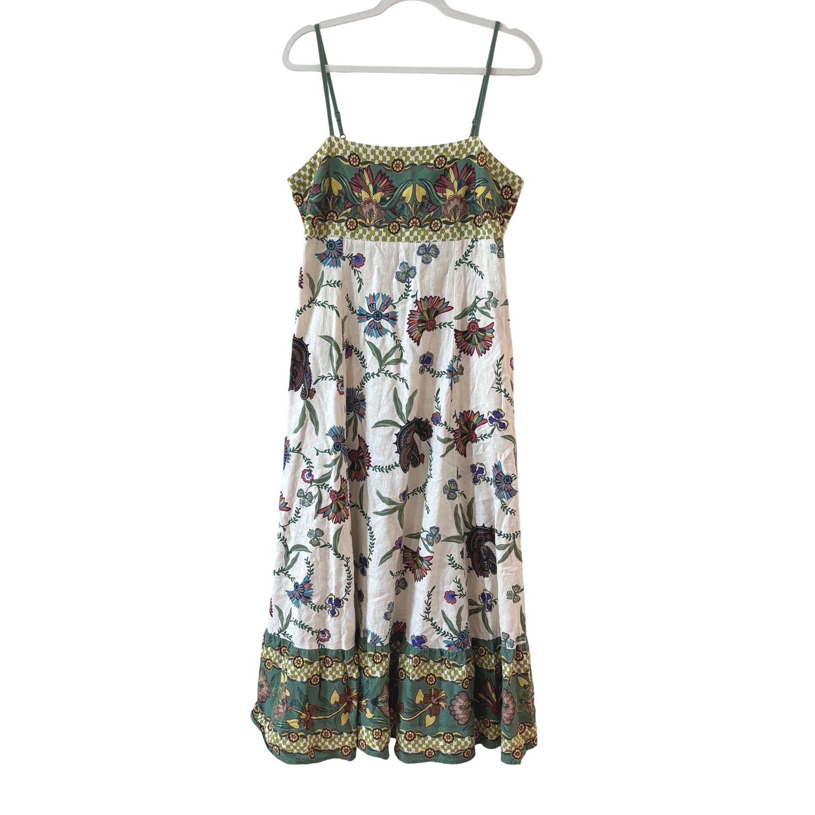 Caroline Constas Floral Linen Blend Midi Dress Green Multi Smocked Back Large